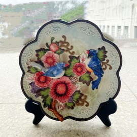 Minigift Ceramic Collections Plate,3D Hand Painted Magpies and Red Azaleas Decorative Tray with Display Stand -10"