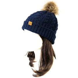 Bowbear Winter Ribbed Knit Faux Fur Pom Pom Beanie Hat, Parent/Child Navy