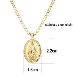 yipima 14K Gold Plated Oval Guadalupe Virgin Mary Pendant Necklace for Women Men, 3mm Flat Figaro Stainless Steel Chain Necklaces (chain length: 18")