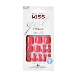 KISS Gel Fantasy 24 Pcs Press On Toenails, Gel Pedicure Fake Toe Nails, Pink Coral Ready to Wear Stick On Extensions, Reusable Full Cover Kit with Glue, Manicure Stick & File, Wear for 7 Days