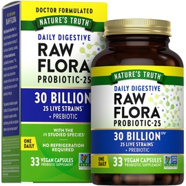 Raw Flora Probiotics with Prebiotics | 30 Billion CFU | 33 Daily Digestive Capsules | Vegan, Non-GMO & Gluten Free Supplement for Women and Men