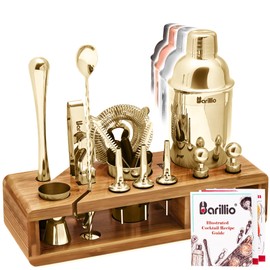 Barillio Gold Bartender Kit - Stainless-Steel Cocktail Shaker Set w/Bamboo Stand - Mixology Bar Tools w/Drink Shaker, Mixer Spoon and Muddler for Cocktails - Home Bar Accessories - 23-Pc Bar Set
