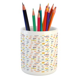 Ambesonne Happy Birthday Pencil Pen Holder, Gift Boxes Merry Christmas Wedding Valentines New Year Happy Doodle, Ceramic Pencil Holder for Desk Office Accessory, 3.6" X 3.2", Multicolor