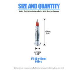 Glarks - Juego de tornillos de anclaje para pared (60 unidades, resistentes, 1/8", 35/46/59 mm, acero galvanizado), 1/8SDx46MM