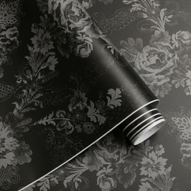 Black Vintage Floral Wallpaper Peel and Stick Removable Black Contact Paper Self-Adhesive Waterproof Wallpaper Decorative for Walls Bedrooms Cabinet Vinyl Roll 196.8"x 16.1"