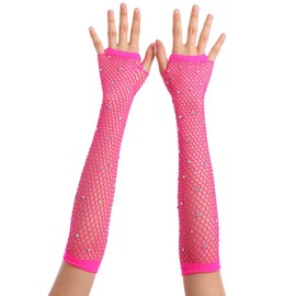 OTPEH Women Fishnet Rhinestone Gloves Fingerless Kids Fish Net Arm Sleeve Warmers 80s Emo Scene Accessories Pink