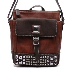 Brown Color Block bling Studs Western Cross-body L Messenger Bag Rhinestone unisex