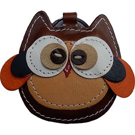 GENUINE LEATHER KEY RING WITH FUNNY OWL PENDANT, RED/BROWN, 6 x 6 cm