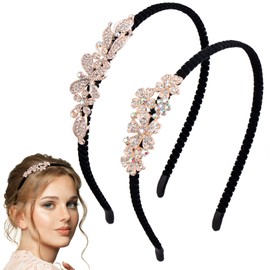 HINZIC 2PCS Rhinesrone Flowers Hair Bands Gold Headbands Jeweled Non-Slip Diamond Headpieces Wedding Halloween Hair Accessory for Women Bride