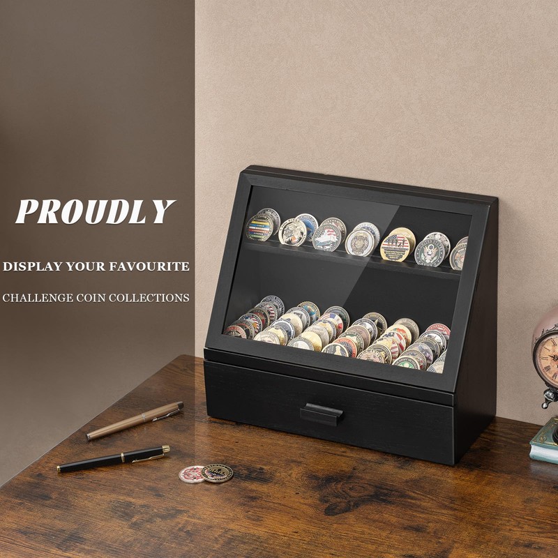 Yoimori Challenge Coin Display Case, 13 Rows Solid Wood Military