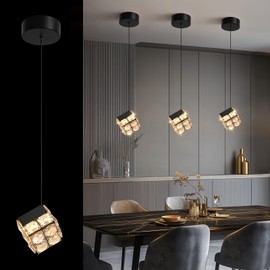 TKHKY Crystal Pendant Light Fixture,Black Pendant Light with 3 Color Light Changes, Ideal Hanging Light Fixture for Kitchen Island, Dining Room, Bedroom