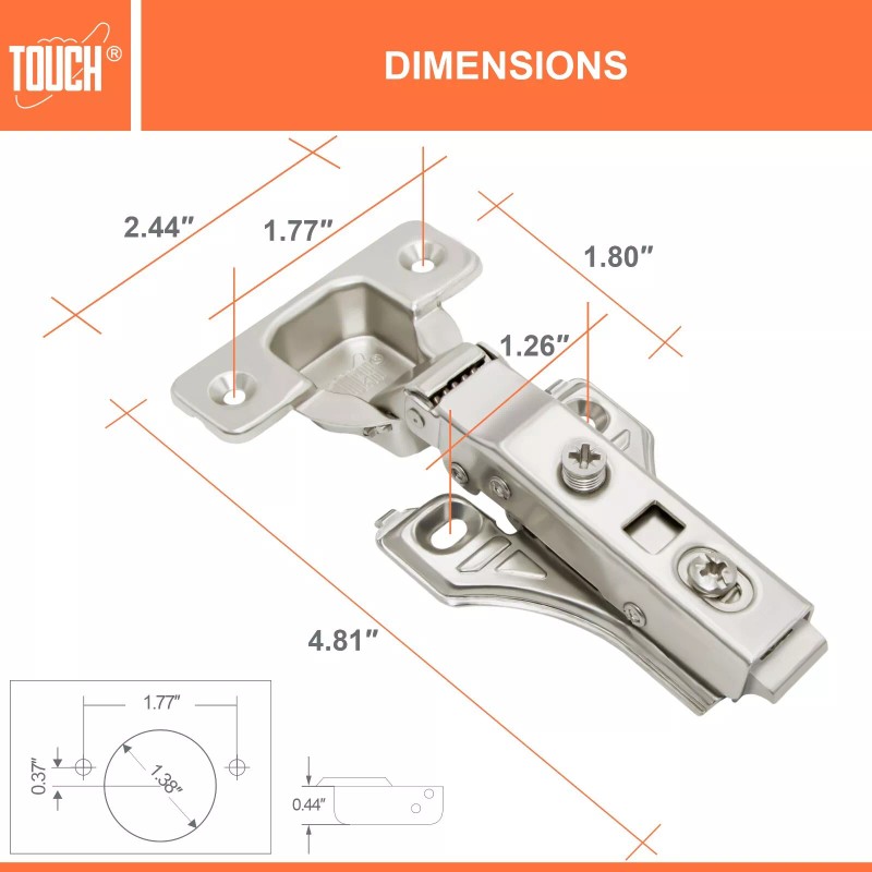 TOUCH Soft Close Cabinet Hinges, 3/4" Full Overlay 105° Face