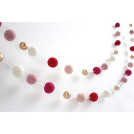 "Victorian Valentine" Handmade Felt Ball Garland by Sheep Farm Felt- Red Pink Ivory Gold Pom Pom Garland, Wool and Wood Felt Ball garland. 2.5 cm balls.