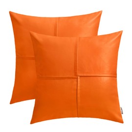 BRAWARM Faux Leather Throw Pillow Covers 18 X 18 Inches, Orange Leather Pillow Covers Pack of 2, Hand Stitched Leather Decorative Throw Pillows for Couch Sofa Bed Living Room Home Garden