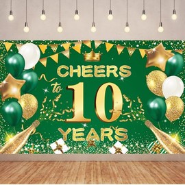 6X3.6FT Green Gold Cheers 10TH Years Banner Backdrop, Green Gold Happy 10th Birthday Decorations for Women Men Her Him Anniversary Photography Party Supplies. (G-Cheers10)