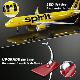 Lose Fun Park 1:80 Scale Large Airplane Model Spirit Airlines Airbus 320 Plane Model Diecast Airplanes with LED Light for Collection or Gift (Spirit Plane)