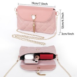 Lollanda Women's Crossbody Shoulder Bag, Handbags with Cute Cat Shape Tassels, PU Leather Chain Messenger Cross Body Bags, Rhombic Square Purse for Girls Women, rose
