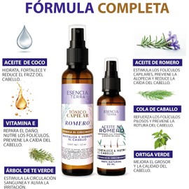 Duo de Aceite de Romero de 60 ml y Tonico de 125 ml para crecimiento del cabello 100% natural - Adicionado con coco y vitamina E - Reparación intensiva para cabello seco y maltratado - Hidrata, nutre, y fortalece