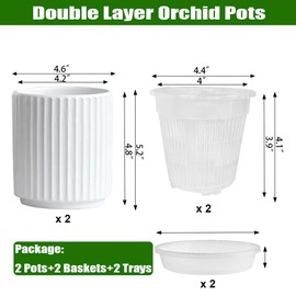 MUZHI Double Layer White Ceramic Orchid Planter with Saucer, Orchid Pots with Holes 4.6" Set of 2, Modern Minimal Cylinder Striped Plant Pot with Drainage 4.6” (White)
