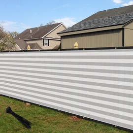 ECOOPTS 11'x28' Gray White Strip Privacy Fence Screen Windscreen with Copper Grommets, fit for Commercial Fence and Residential Garden Outdoor Living 180GSM 90% UV Blockage, Cable Zip Ties Included