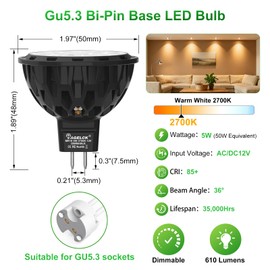 MR16 LED Bulbs Dimmable, Warm White 2700K, 5W 610LM, AC/DC 12V, Pack of 6