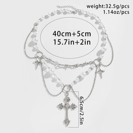 Y2k Layered Pearl Choker Necklace for Women,Vintage Pearl Beaded Strawberry Heart Cross Butterfly Pendant Necklace Trendy Link Chain Neck Jewelry Gift (Cross)