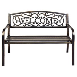 S AFSTAR Garden Bench, Outdoor Metal Porch for Park Garden Yard, Patio Bench with Weather-Resistant Cast Iron Backrest and Welcome Pattern (Bronze)
