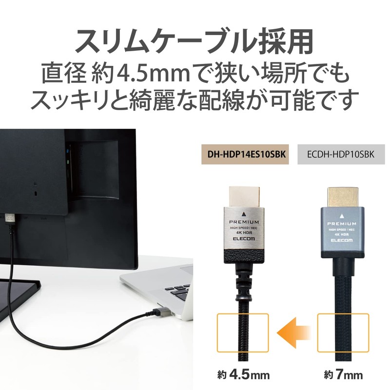 Elecom DH-HDP14ES10SBK HDMI Cable, Premium Ver. 2.0, Thin, Bend-resistant, Nylon