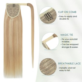 S-noilite Clip in Wrap Around Ponytail Human Hair 14 Inch Ash Blonde and Bleach Blonde Ponytail Hair Extension Remy Hair Long Straight Ponytail Extension with Magic Paste #18P613