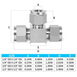 ChillWaves 304 Stainless Steel Tee Compression Tube Fitting, 3/8" OD x 3/8" OD x 3/8" OD Compression Union Connector(2-PACK)