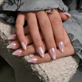 Uñas postizas cortas de almendra color rosa empolvado cromado, uñas postizas de gel esmaltadas con pegamento para bodas y uso diario en mujeres, uñas 