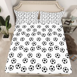 Soccer Kids Sheet Queen Size,Ball Sports Games Competition Bedding Set,Girls Boys Adults Room Decor,American Football Cartoon Black White Unique Bed Sheet Set 4pcs(Fitted + Flat + 2 Pillowcases)