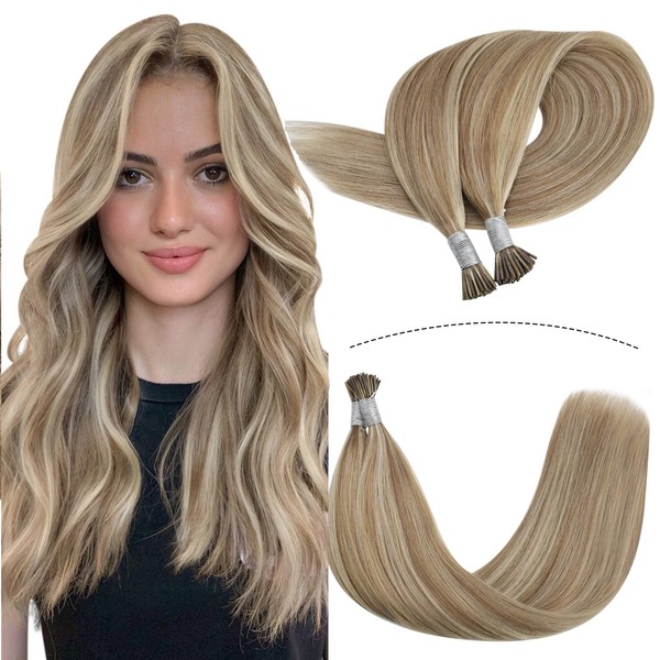YoungSee I Tip Hair Extensions Human Hair 20 Inch Brown Itip Hair Extensions Light Brown Highlights with Blonde Itip Human Hair Extensions Blonde Hair Extensions I Tips 1g/S 50g Hair Extensions Blonde