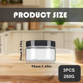 3Pcs 250G Empty Clear Plastic Jars with Black Lids Wide Mouth Round Airtight Storage Containers Vials Bottles for Cosmetic Cream Samples Food Jewelry Craft
