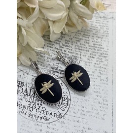FANCY FOX BOUTIQUE Black Cream  Dragonfly cute Silver  Boutique French Wire Cameo Earrings Wedding