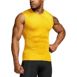 TSLA Men's Sleeveless Workout Shirts, Dry Fit Running Compression Cutoff Shirts, Athletic Training Tank Top, Active Top Yellow, Medium