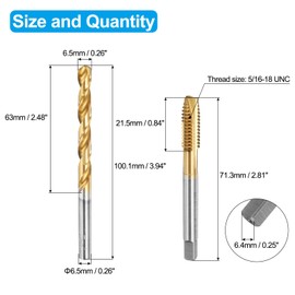 sourcing map Tap and Drill Bit Set, 1pcs 5/16-18 UNC Spiral Point Thread Screw Tap & 1pcs 6.5mm Twist Drill Bit, Titanium Coated HSS-6542 Tapping Threading Tool Kit
