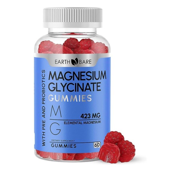 Earth Bare Magnesium Glycinate Gummies - High Potency Magnesium Supplement with Maximum 423mg of Elemental Magnesium, Pre and Probiotics | Magnesium Bisglycinate for Superior Health Support | 60 Count
