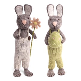 Gry & SIF Large Easter Bunnies, Figures to Stand, Elaborate Handmade with Many Details, Fair Trade, Easter Decoration Made of Felt, 1 x Decorative Rabbit Grey with Easter Egg and Daisy, 30 cm