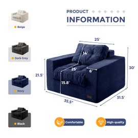 MAXYOYO Bean Bag Chair for Adults, Upholstered Floor Sofa with Armrests, Boneless Couch with Tufted Cushion & Backrest, Sofa in A Box, Large Bean Bag Couch for Bedroom Living Room, Dorm, Navy