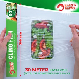 3pk SOL Cling Film for Catering, 3 Rolls - 30cm x 30m | 90m in Total | Cling Film for Food Catering Cling Film Dispenser and Cutter | Storing Food Cling Film + Stickers