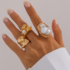 Chunky Knuckle Rings for Women Chunky Gold Ring Set Crystal Stacking Rings Flower Pearl Statement Rings Adjustable Pearl Finger Ring Set (gold-3pcs)