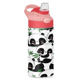 Kids Water Bottle with Straw, Panda Bamboo Leaves Bear Small Thermos Flask Thermal Insulated Stainless Steel Water Flask Sports Hot Cold, 350ml