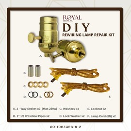 Royal Designs, Inc. DIY Rewiring Lamp Repair Kit (Polished Brass with Gold Cord, 8 Ft)