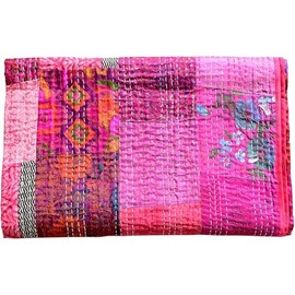 GDONLINE Indian Handmade Quilt Indian Silk Sari Kantha Quilted Patchwork, Silk Kantha Blanket Throw, Boho Vintage Bedspreads, (Pink, Baby 40" x 60")