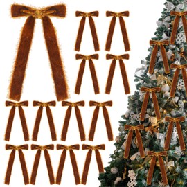 Suncalla 12 Pcs Frayed Velvet Bows Christmas Ornaments Tree Vintage Frayed Crushed Velvet Ribbon Bows for Tree Garland Wreath Indoor Outdoor Xmas Decorations (Brown)