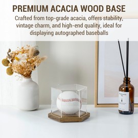 MyGift Premium Acacia Solid Wood and Clear Acrylic Hexagonal One Baseball Display Case, Collectible Signed Autograph Game Ball Holder Wooden Base Gift Box