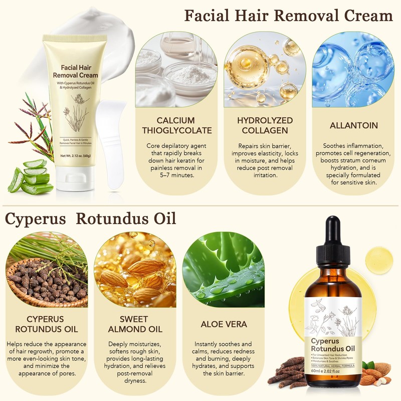 2-Step Facial Depilatory Kit, Depilatory Cream & Cyperus Serum