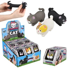 Squishy Stretchy Cat (3.5" to 6.5") Rubber Fidget Sensory Toy Filled with Sand. Great Stress Relief Cat Toy for Kids, Adults and Pets. (12 Pack in a Display Box)