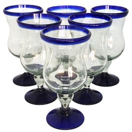 MexHandcraft Cobalt Blue Rim 11 oz Curvy Water Goblets (set of 6), Recycled Glass, Lead-free, Toxin-Free (11oz Curvy Goblet)
